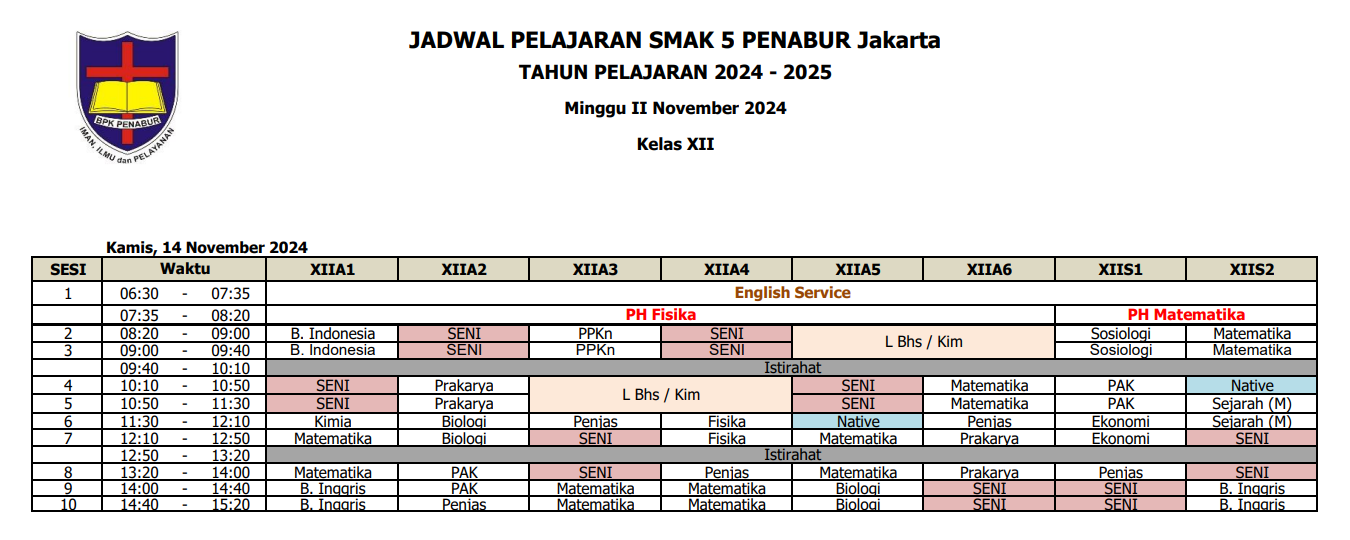 Revisi Jadwal Pelajaran Kelas XII SMAK 5 PENABUR Jakarta Tahun Pelajaran 2024-2025 Kamis, 14 November 2024