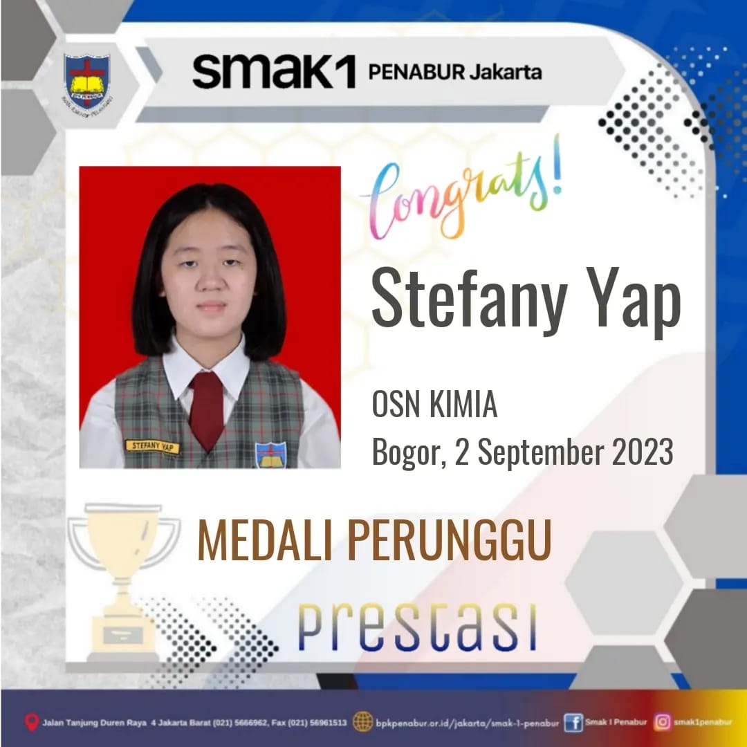 Prestasi Stefany Yap Memperoleh Medali Perunggu OSN Kimia 27 Agustus - 2 September 2023