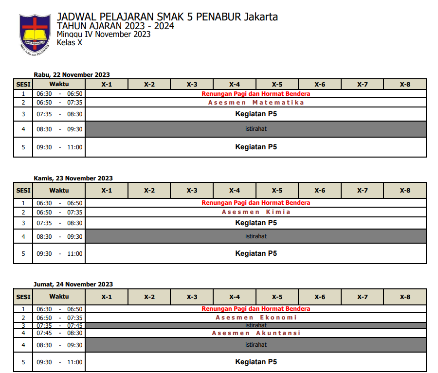 Jadwal Pelajaran Bulan November Minggu IV Kelas X