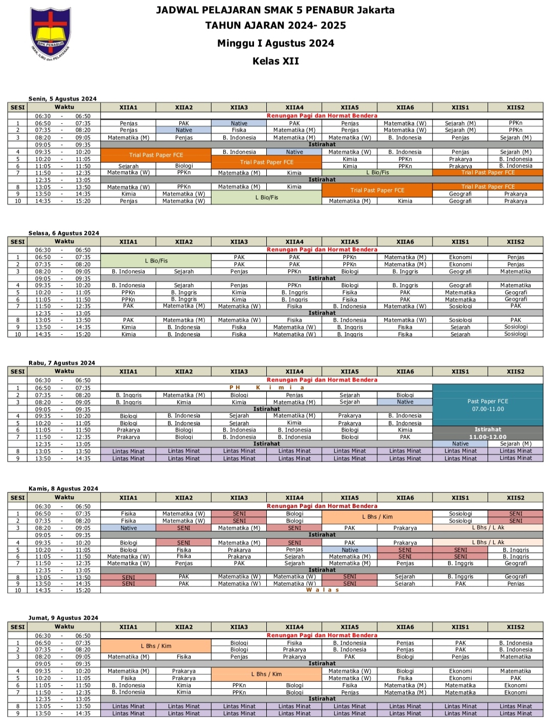 Jadwal Pelajaran Kelas XII SMAK 5 PENABUR Jakarta Tahun Pelajaran 2024-2025 Minggu I Agustus 2024