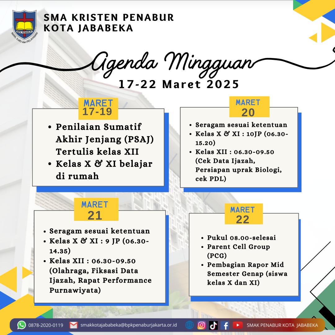 Jadwal Mingguan, 17 Maret -22 Maret 2025