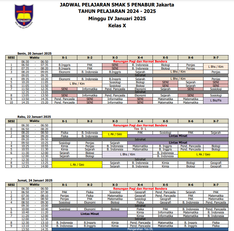 Jadwal Pelajaran Kelas X SMAK 5 PENABUR Jakarta Tahun Pelajaran 2024-2025 Minggu IV Januari 2025