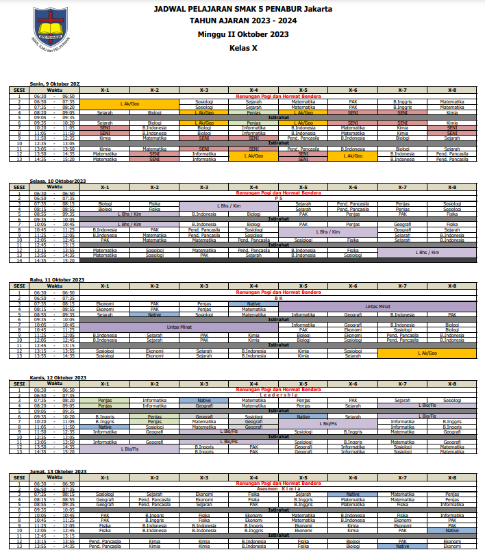 Jadwal Pelajaran Bulan Oktober Minggu II Kelas X