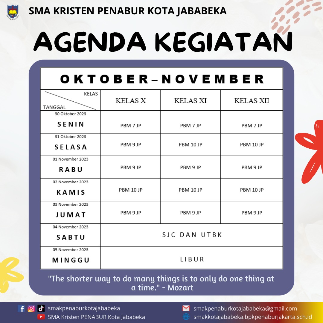 Jadwal Mingguan : 30 Oktober - 5 November 2023