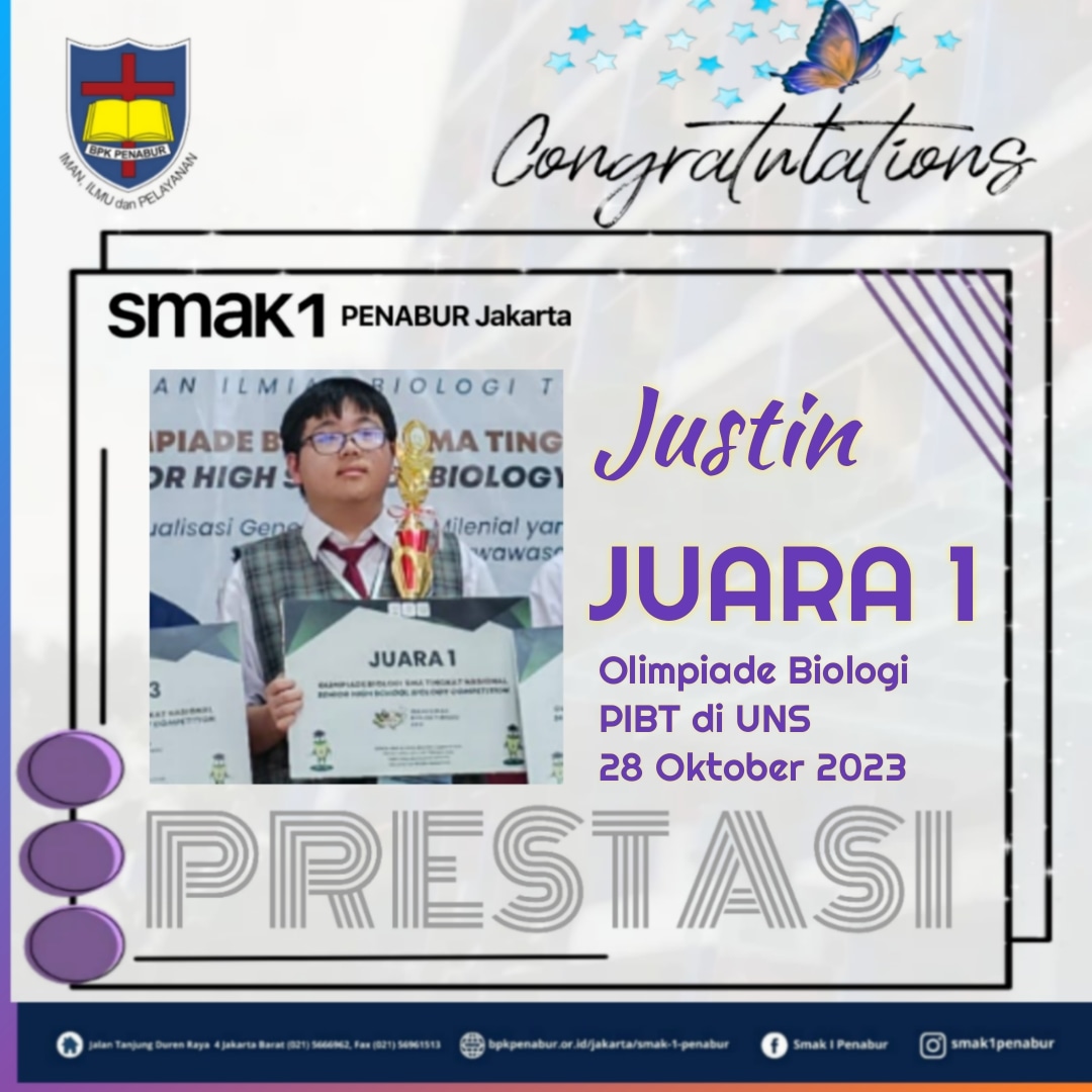 Prestasi Peserta Didik SMAK 1 PENABUR JAKARTA Meraih Juara 1 Lomba Olimpiade Biologi PIBT di UNS 2023