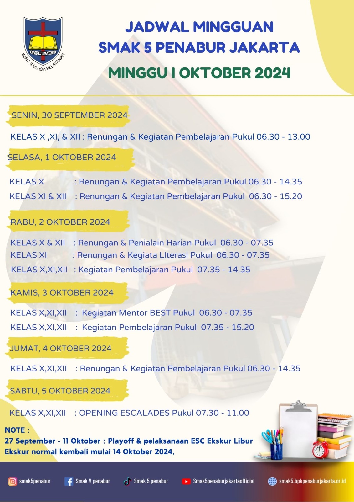 Jadwal Minggu I Oktober 2024 SMAK 5 PENABUR Jakarta