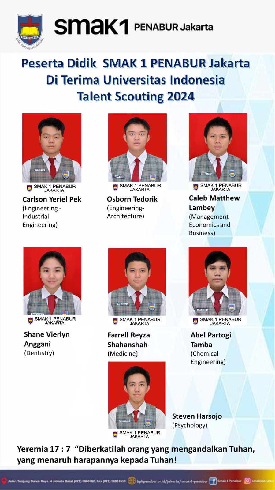 Peserta Didik SMAK 1 PENABUR Jakarta Diterima di Universitas Indonesia Talent Scouting 2024