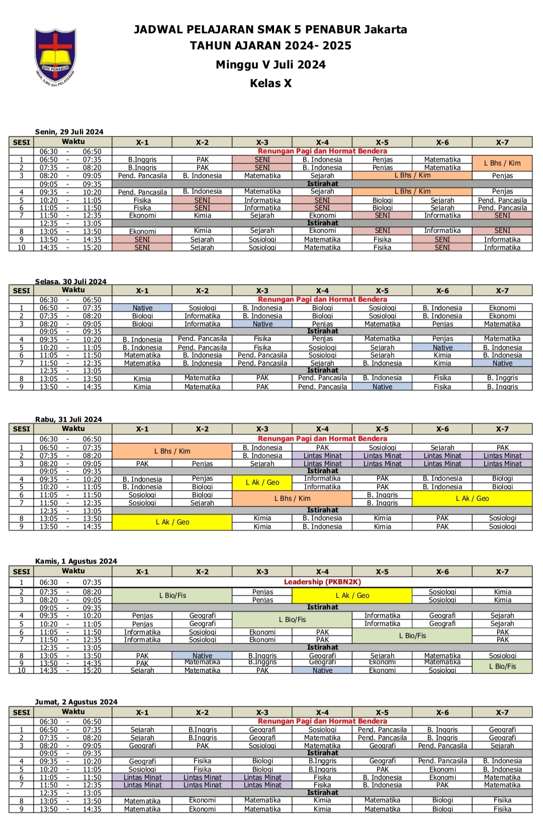 Jadwal Pelajaran Kelas X SMAK 5 PENABUR Jakarta Tahun Pelajaran 2024-2025 Minggu V Juli 2024