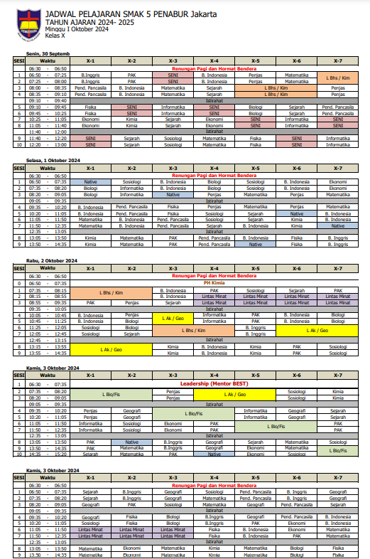 Jadwal Pelajaran Kelas X SMAK 5 PENABUR Jakarta Tahun Pelajaran 2024-2025 Minggu I Oktober 2024