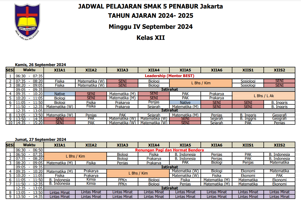 Jadwal Pelajaran Kelas XII SMAK 5 PENABUR Jakarta Tahun Pelajaran 2024-2025 Minggu IV September 2024