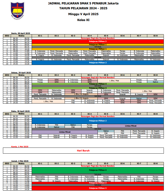 Jadwal Pelajaran Kelas XI SMAK 5 PENABUR Jakarta Tahun Pelajaran 2024-2025 Minggu V April 2025