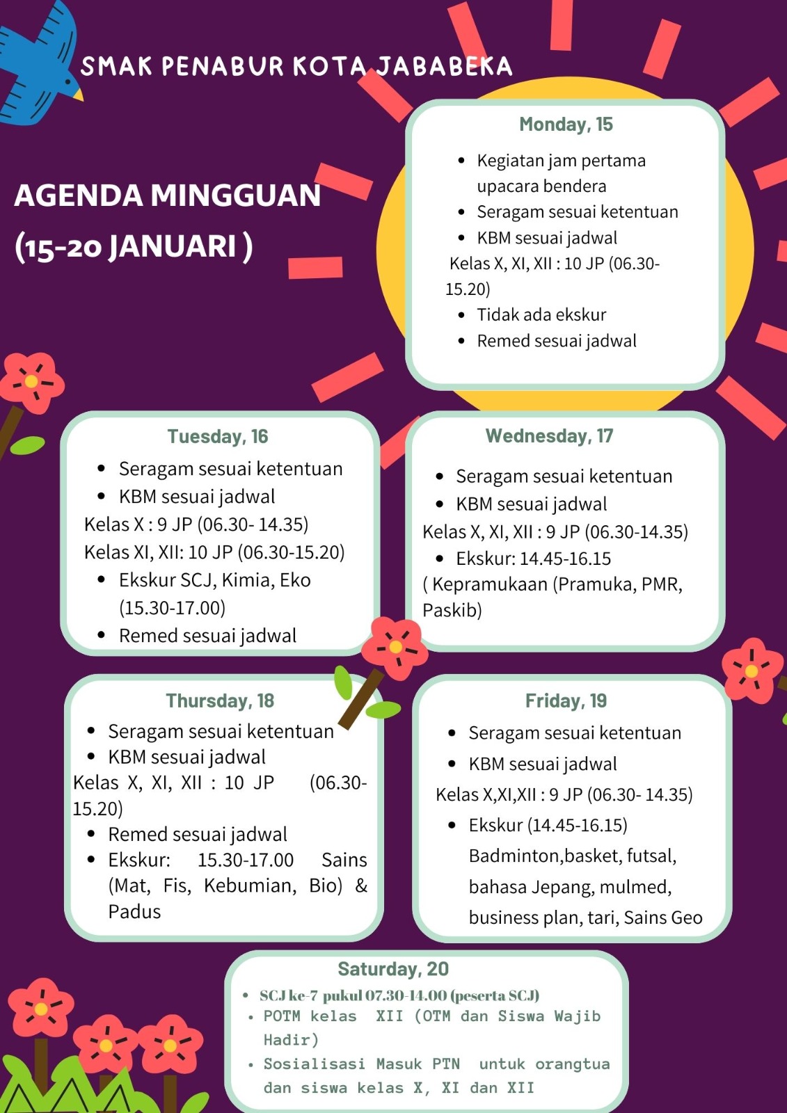 Jadwal Mingguan 15-20 Januari 2024