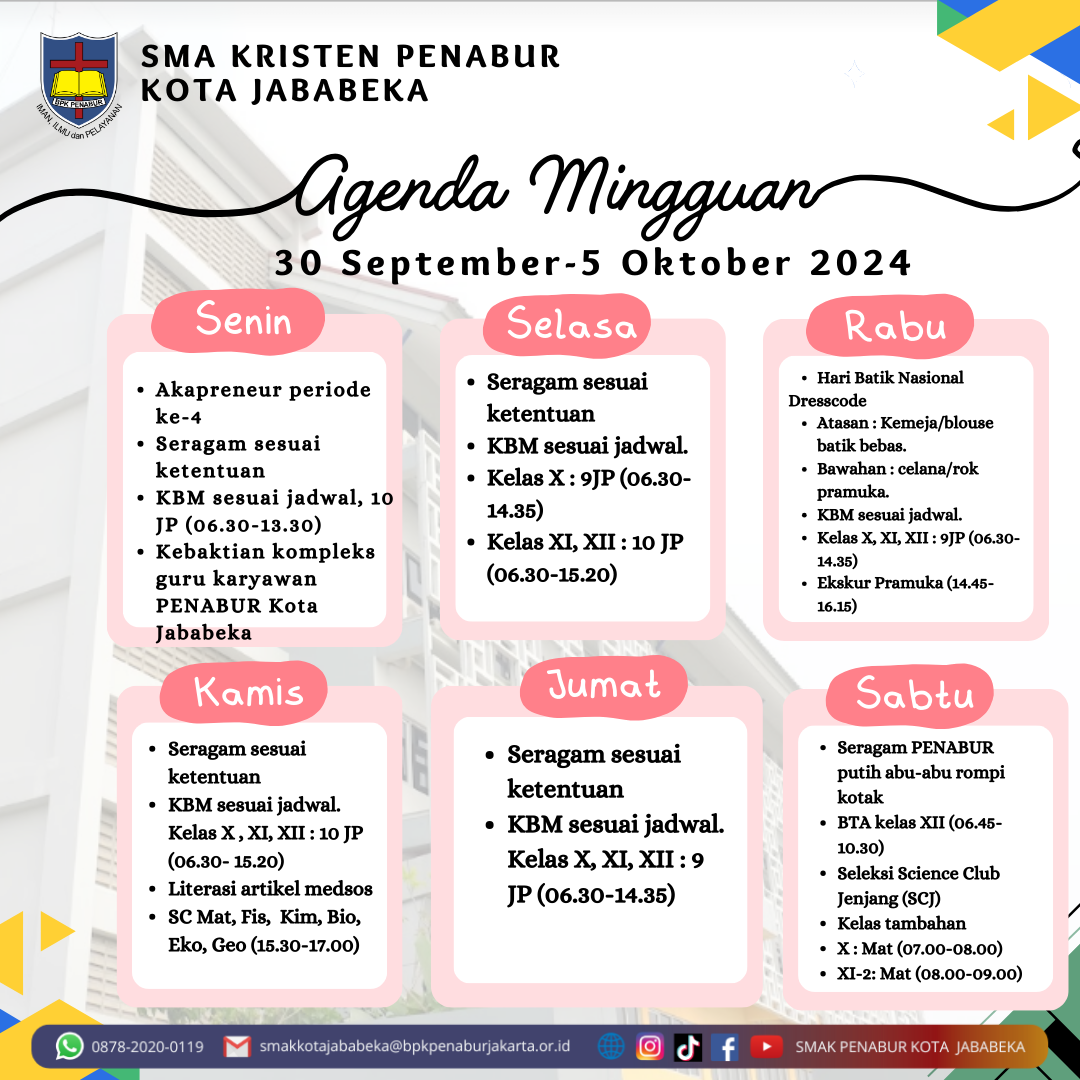 Jadwal Mingguan, 30 September - 5 Oktober 2024