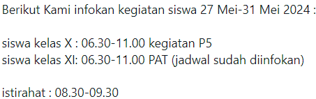 Informasi Kegiatan Sekolah 27-31 Mei 2024