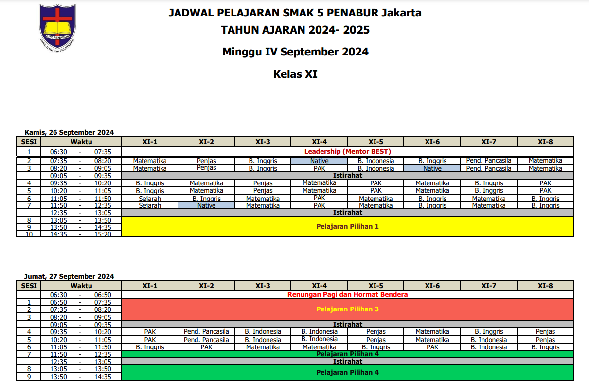 Jadwal Pelajaran Kelas XI SMAK 5 PENABUR Jakarta Tahun Pelajaran 2024-2025 Minggu IV September 2024