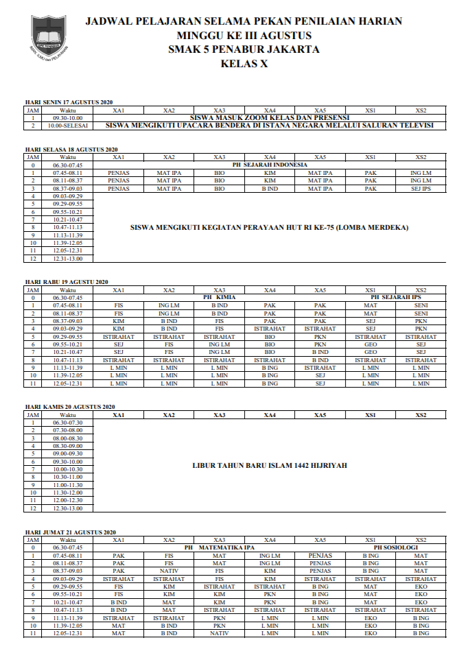 Jadwal Pelajaran Kelas X 17-21 Agustus 2020