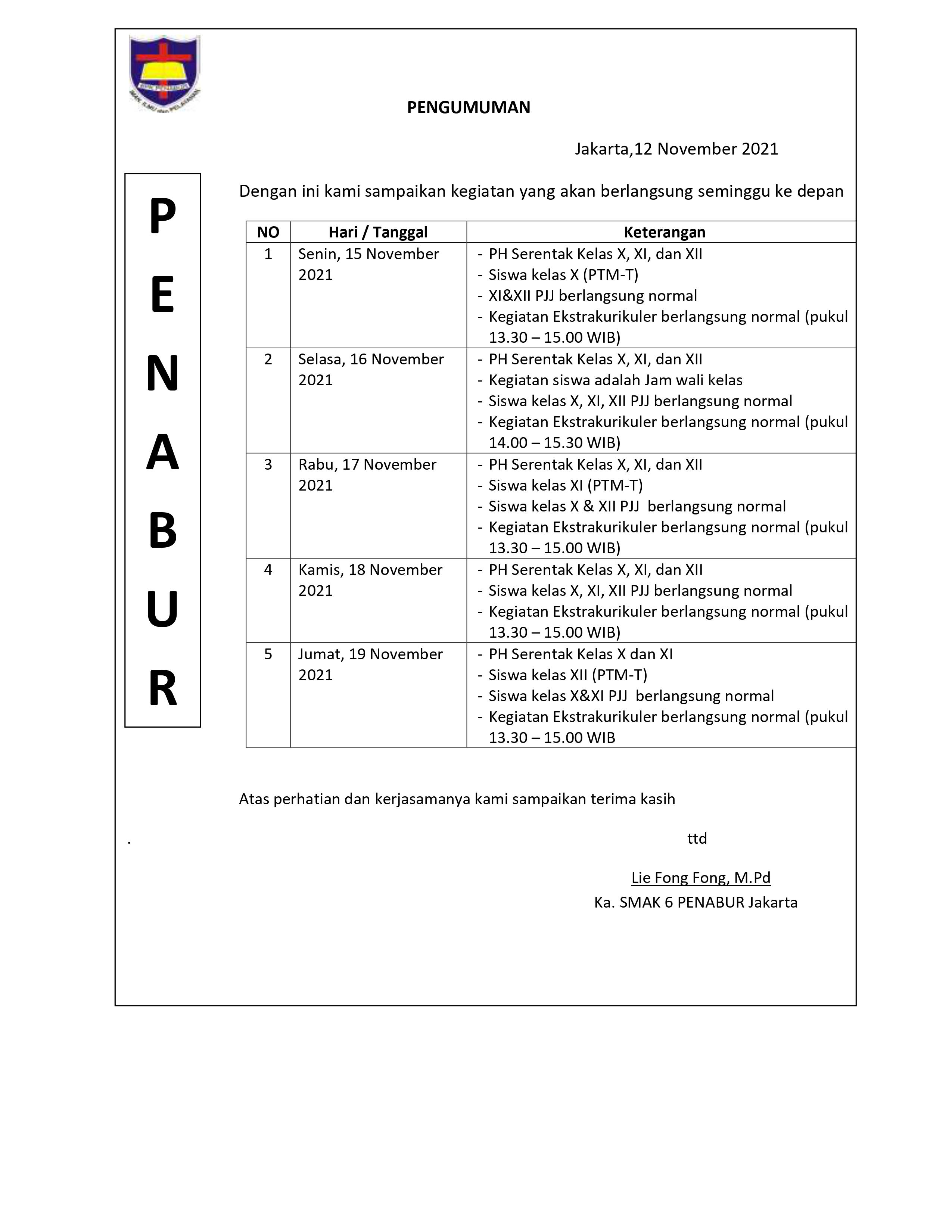 Jadwal Sekolah 15-19 November 2021