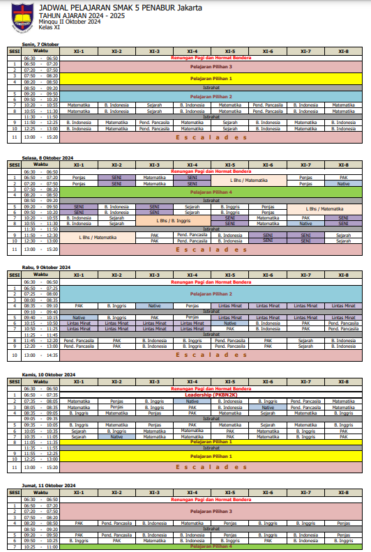 Jadwal Pelajaran Kelas XI SMAK 5 PENABUR Jakarta Tahun Pelajaran 2024-2025 Minggu II Oktober 2024