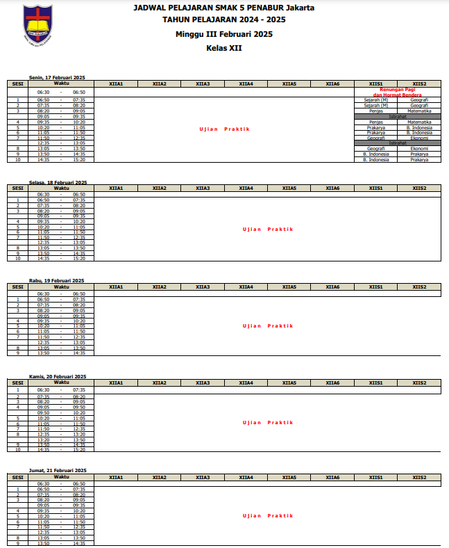 Jadwal Pelajaran Kelas XII SMAK 5 PENABUR Jakarta Tahun Pelajaran 2024-2025 Minggu III Februari 2025