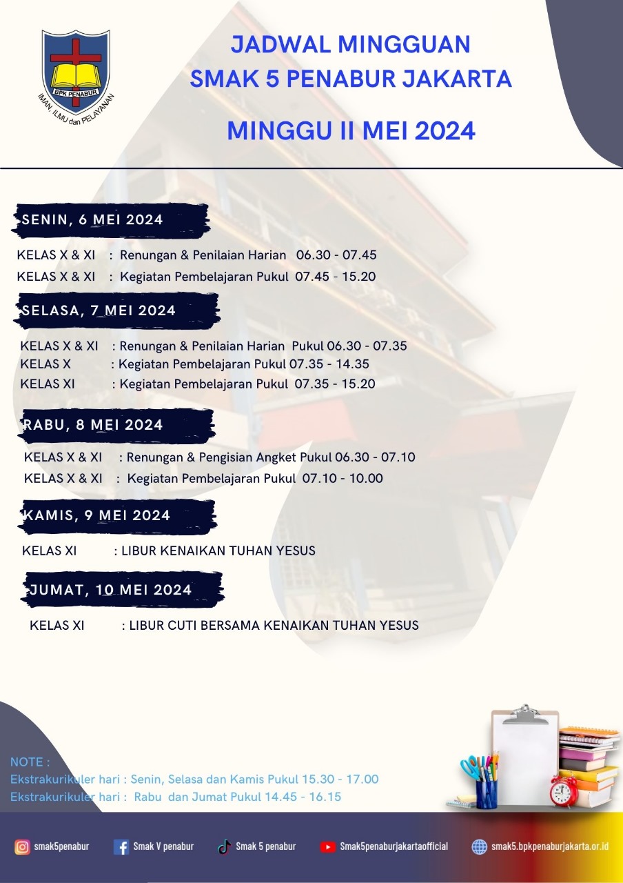 Jadwal Minggu II Mei 2024 SMAK 5 PENABUR Jakarta
