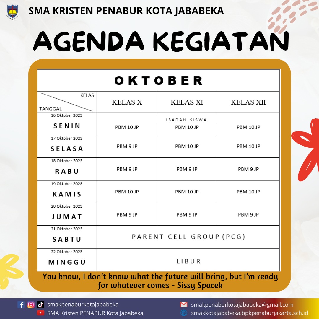 Jadwal Mingguan : 16 Oktober - 22 Oktober 2023