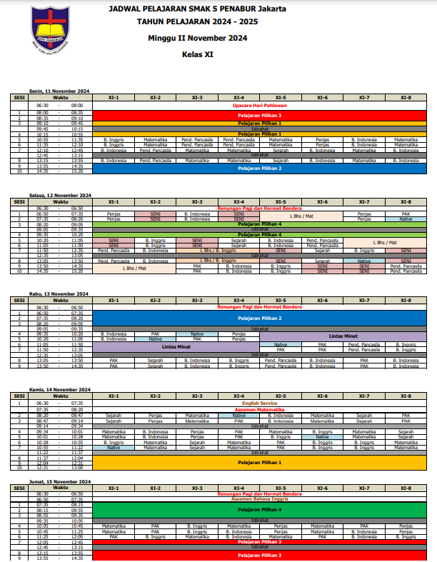 Jadwal Pelajaran Kelas XI SMAK 5 PENABUR Jakarta Tahun Pelajaran 2024-2025 Minggu II November 2024