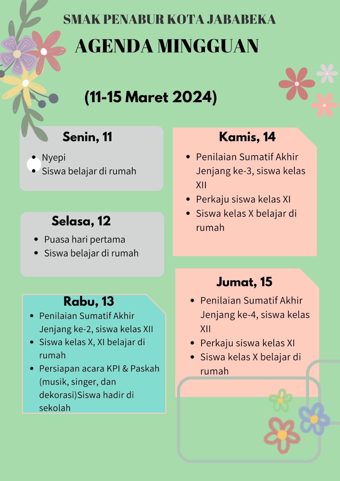 Jadwal Mingguan 11 Maret -16 Maret 2024