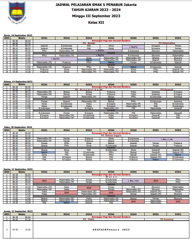 Jadwal Pelajaran Bulan September Minggu III Kelas XII