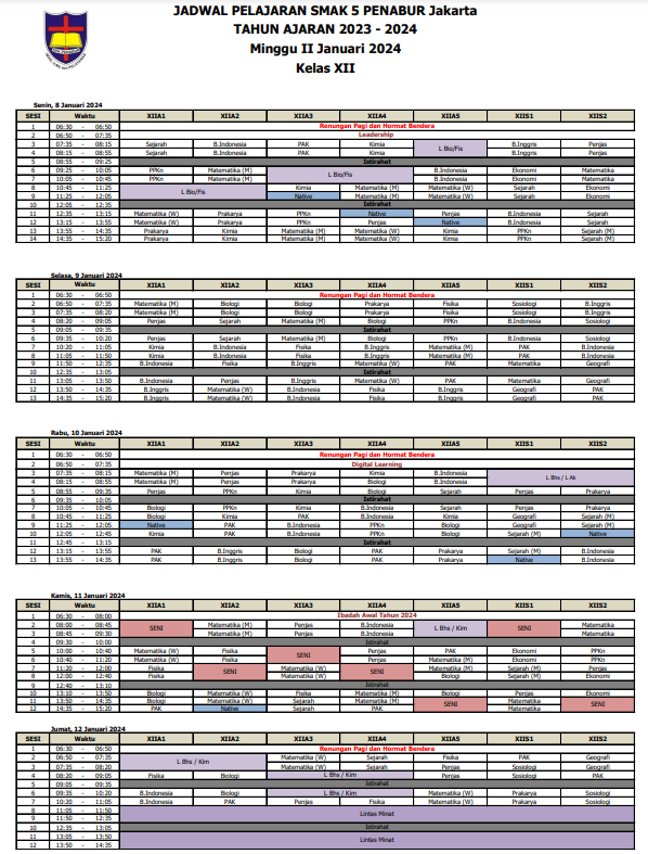 Jadwal Pelajaran Bulan Januari Minggu II Kelas XII