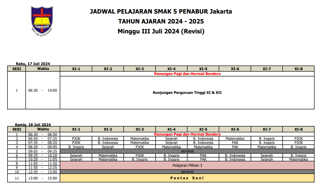 Revisi Pelajaran Kelas XI SMAK 5 PENABUR Jakarta Tahun 2024-2025 Minggu III Juli 2024