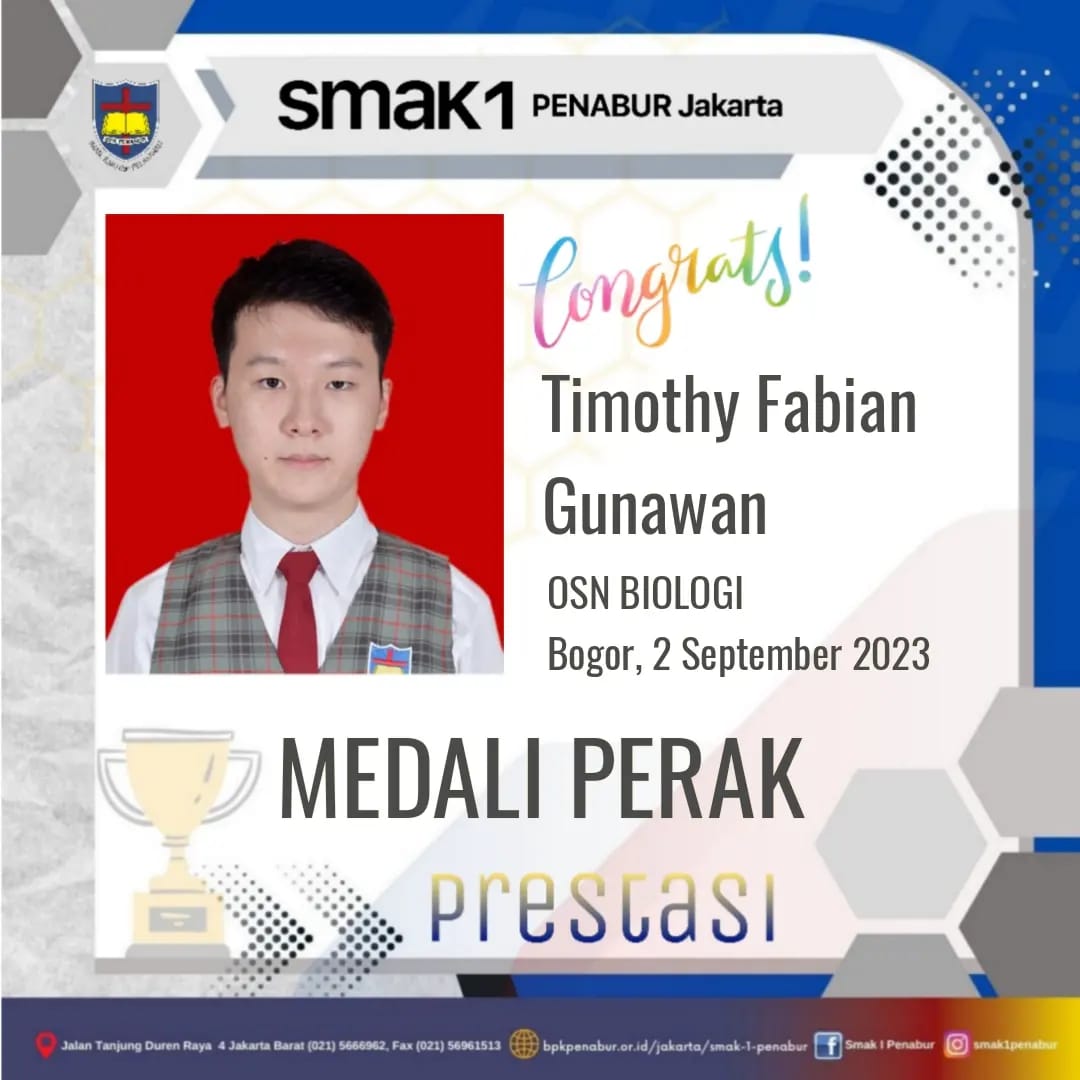 Prestasi Timothy Fabian Gunawan Memperoleh Medali Perak OSN Biologi 27 Agustus - 2 September 2023