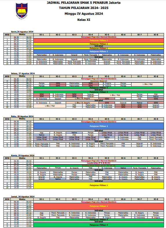 Jadwal Pelajaran Kelas XI SMAK 5 PENABUR Jakarta Tahun Pelajaran 2024-2025 Minggu IV Agustus 2024