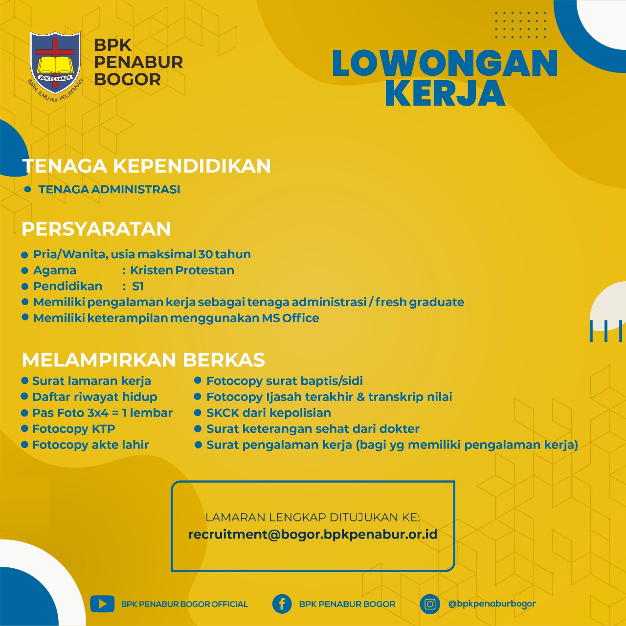 LOWONGAN KERJA BPK PENABUR BOGOR 2022