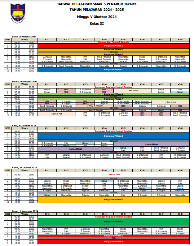 Jadwal Pelajaran Kelas XI SMAK 5 PENABUR Jakarta Tahun Pelajaran 2024-2025 Minggu V Oktober 2024