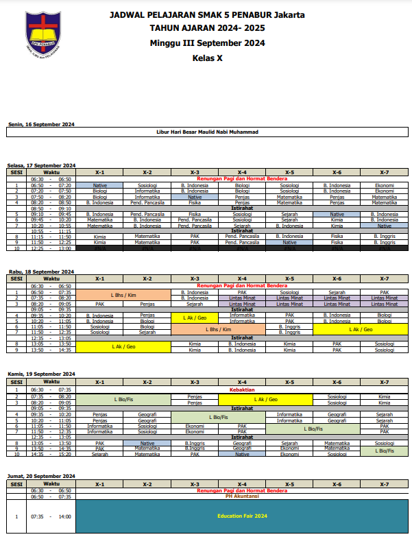 Jadwal Pelajaran Kelas X SMAK 5 PENABUR Jakarta Tahun Pelajaran 2024-2025 Minggu III September 2024