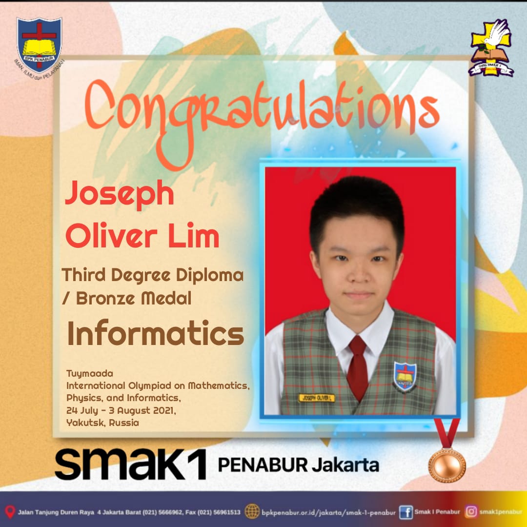 Joseph Oliver Lim Berhasil Meraih Third Degree Diploma / Bronze Medal  di  Tuymaada International Olympiad on Mathematics, Physics, and Informatics