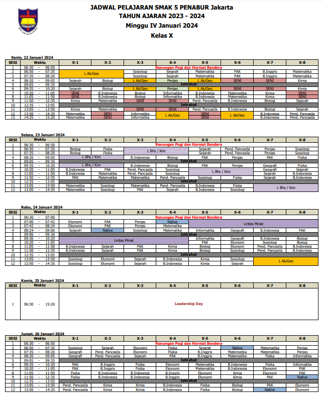 Jadwal Pelajaran Bulan Januari Minggu IV Kelas X