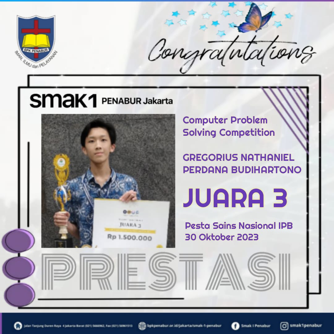 Prestasi Peserta Didik SMAK 1 PENABUR JAKARTA Meraih Juara 3 Bidang Informatika dalam Pesta Sains Nasional IPB 2023