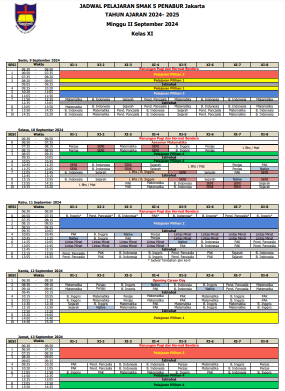 Jadwal Pelajaran Kelas XI SMAK 5 PENABUR Jakarta Tahun Pelajaran 2024-2025 Minggu II September 2024