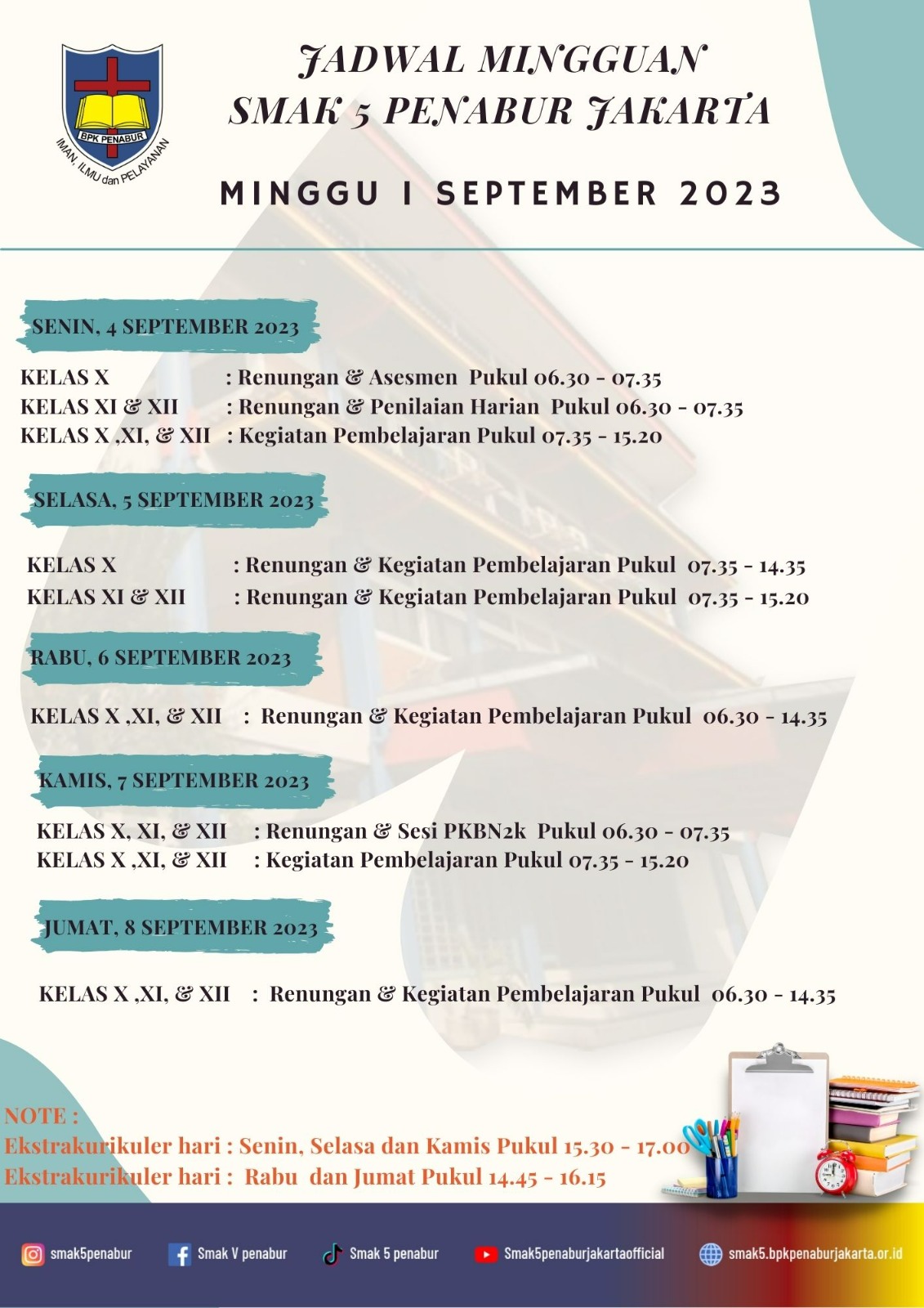 Jadwal Minggu I September 2023 SMAK 5 PENABUR Jakarta