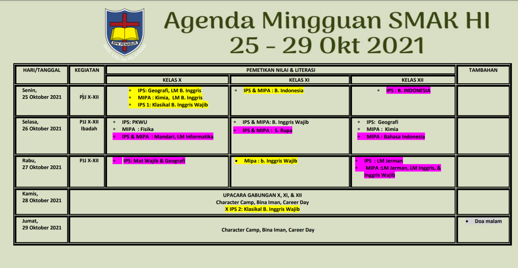 Agenda Mingguan, Senin - Jumat 25-29 Oktober 2021