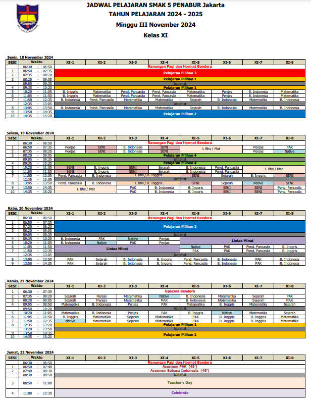 Jadwal Pelajaran Kelas XI SMAK 5 PENABUR Jakarta Tahun Pelajaran 2024-2025 Minggu III November 2024