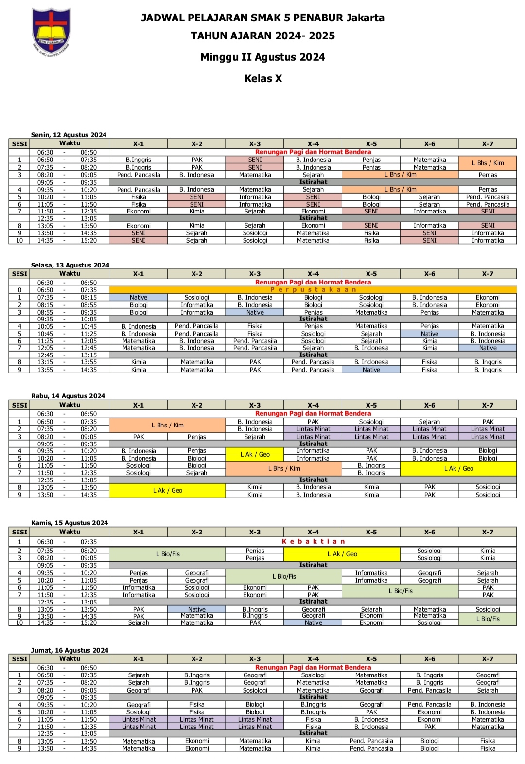 Jadwal Pelajaran Kelas X SMAK 5 PENABUR Jakarta Tahun Pelajaran 2024-2025 Minggu II Agustus 2024