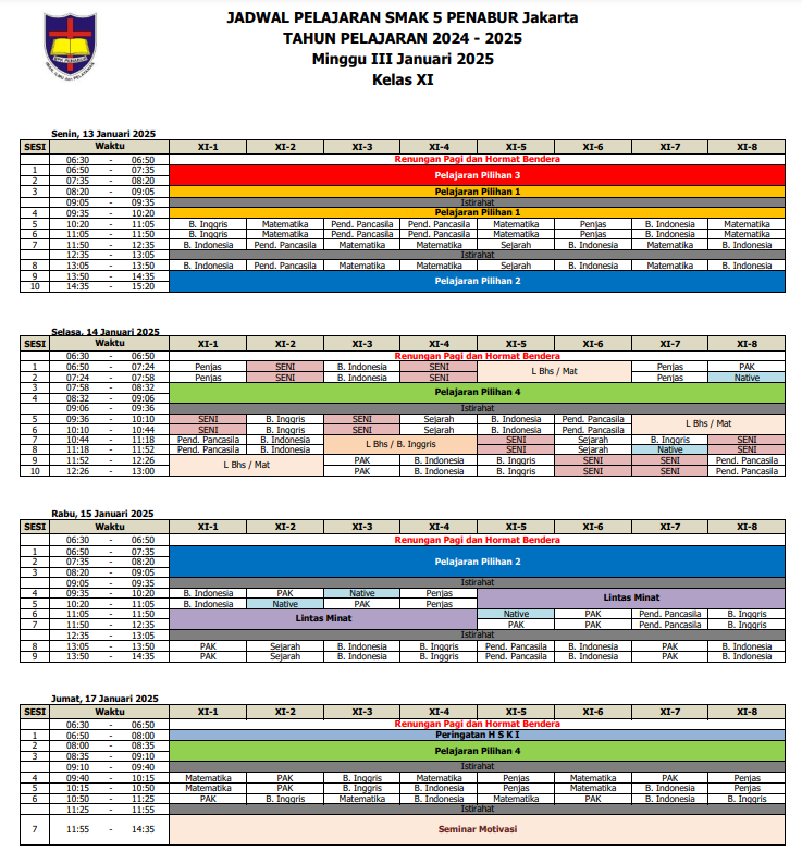 Jadwal Pelajaran Kelas XI SMAK 5 PENABUR Jakarta Tahun Pelajaran 2024-2025 Minggu III Januari 2025