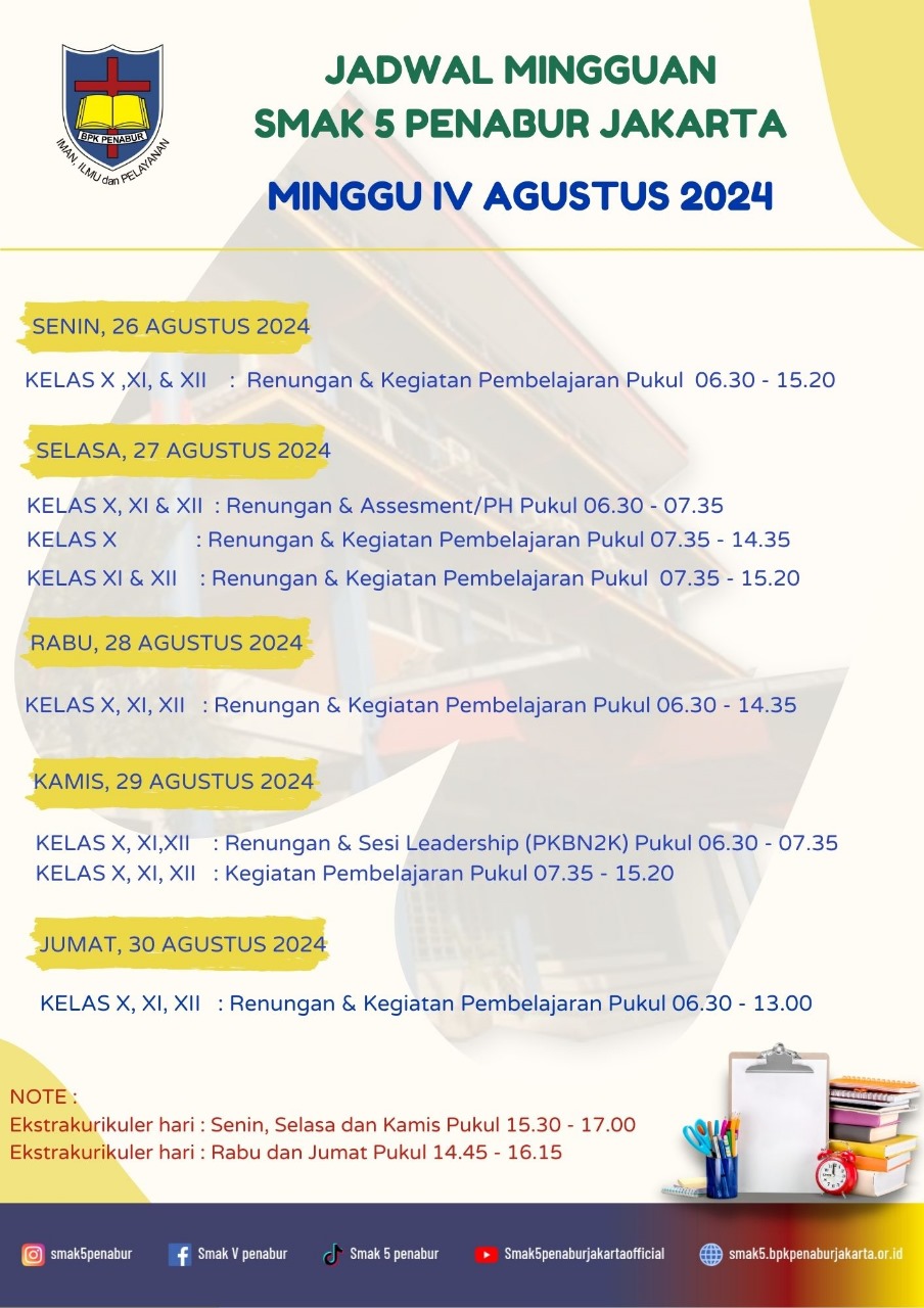 Jadwal Minggu IV Agustus 2024 SMAK 5 PENABUR Jakarta