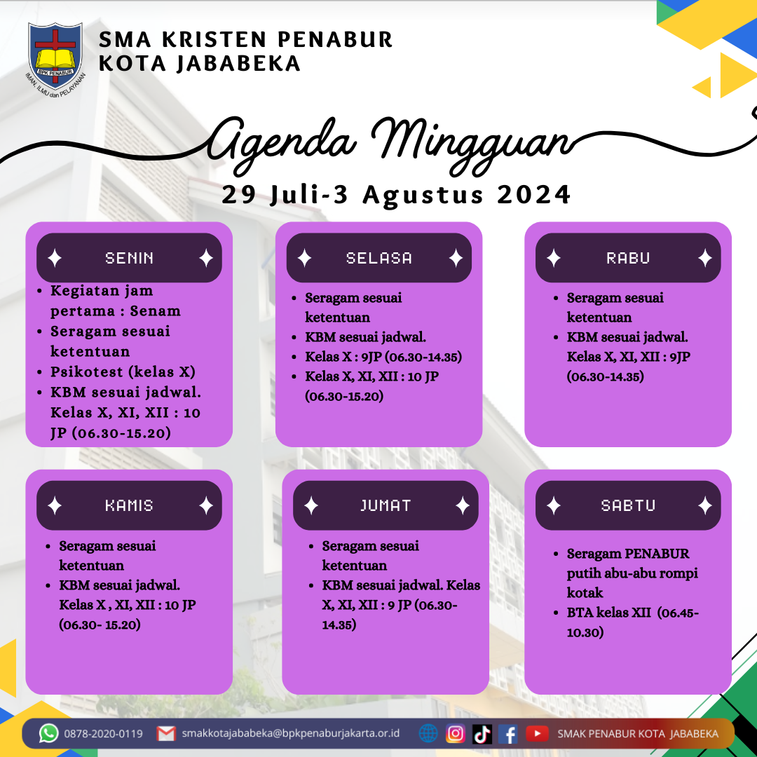 Jadwal Mingguan, 29 Juli - 3 Agustus 2024