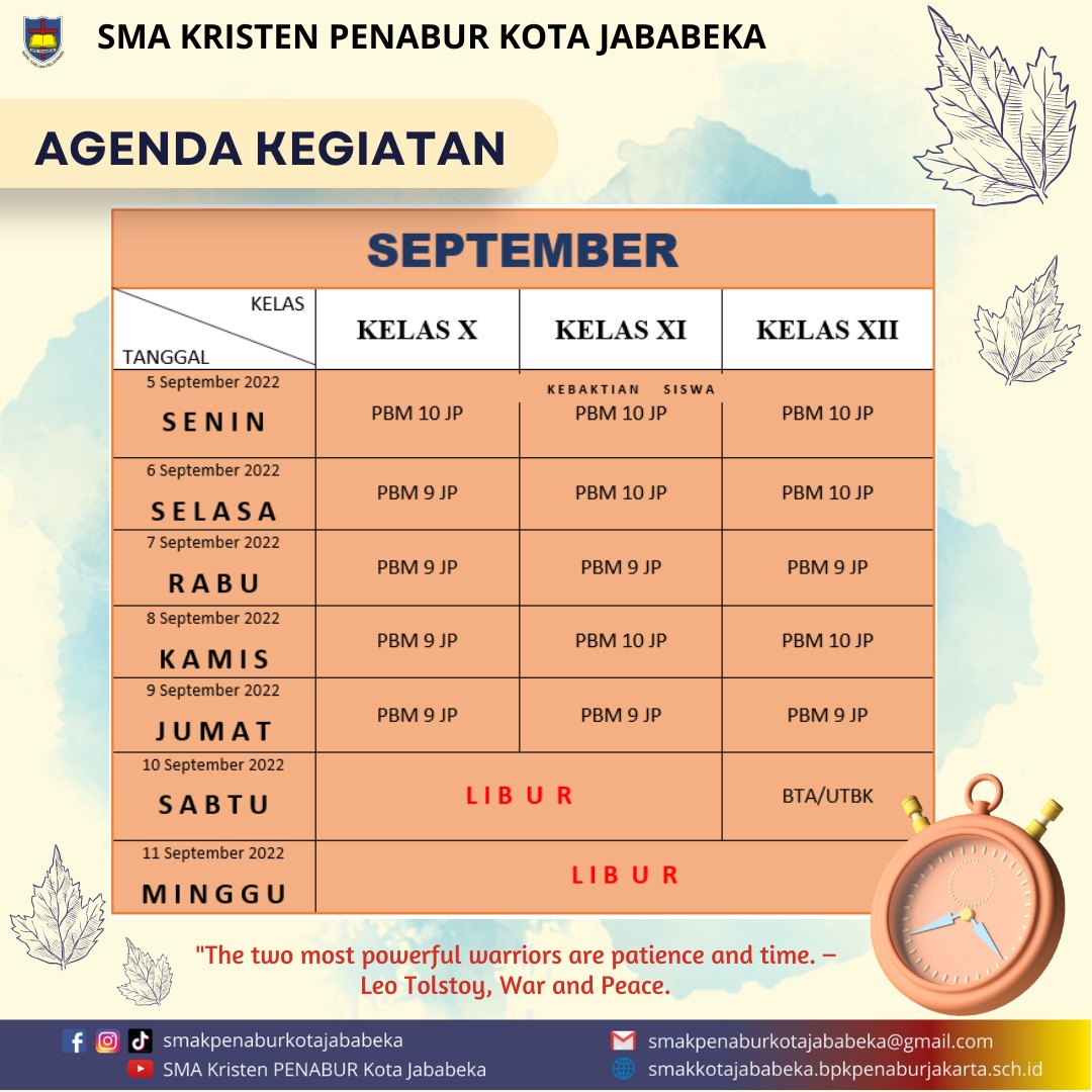 Jadwal Mingguan : 5 September - 11 September 2022