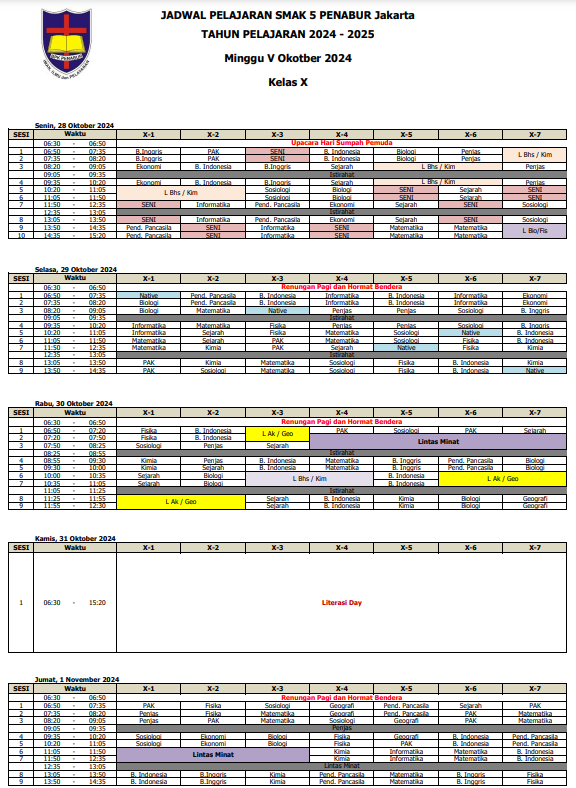 Jadwal Pelajaran Kelas X SMAK 5 PENABUR Jakarta Tahun Pelajaran 2024-2025 Minggu V Oktober 2024