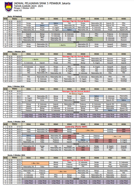 Jadwal Pelajaran Kelas XII SMAK 5 PENABUR Jakarta Tahun Pelajaran 2024-2025 Minggu I Oktober 2024