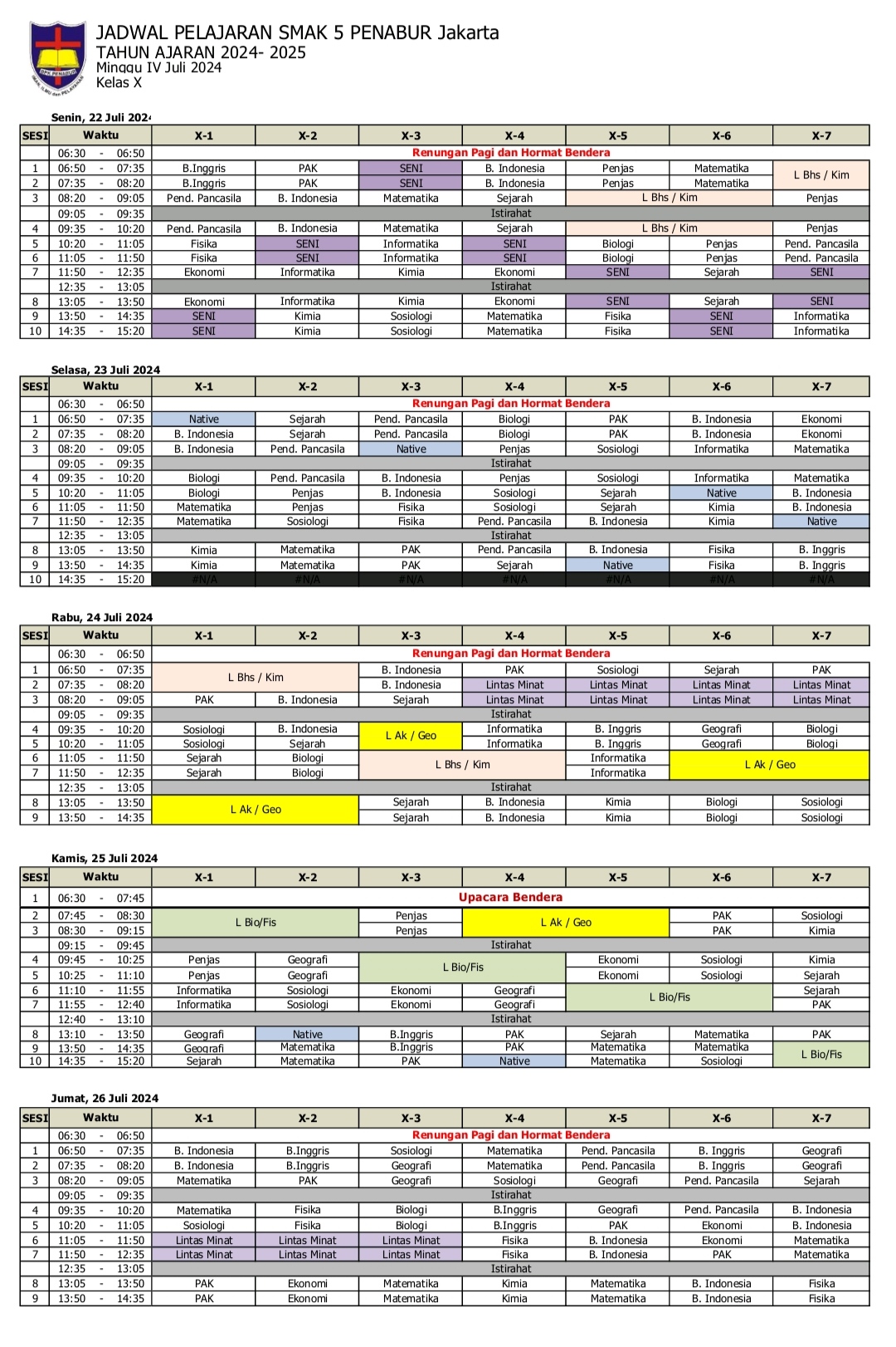 Jadwal Pelajaran Kelas X SMAK 5 PENABUR Jakarta Tahun Pelajaran 2024-2025 Minggu IV Juli 2024